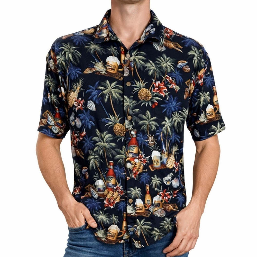 Van Heusen Hawaiian Shirt Large Palm Trees Beer Bottles Mugs Seashells Floral